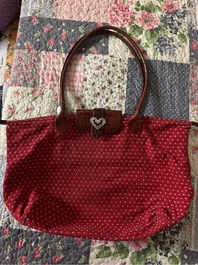 Red Heart-Embellished Tote with Brown Trim